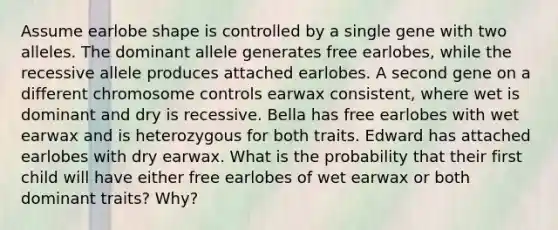 Assume earlobe shape is controlled by a single gene with two alleles. The dominant allele generates free earlobes, while the recessive allele produces attached earlobes. A second gene on a different chromosome controls earwax consistent, where wet is dominant and dry is recessive. Bella has free earlobes with wet earwax and is heterozygous for both traits. Edward has attached earlobes with dry earwax. What is the probability that their first child will have either free earlobes of wet earwax or both dominant traits? Why?