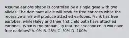 Assume earlobe shape is controlled by a single gene with two alleles. The dominant allele will produce free earlobes while the recessive allele will produce attached earlobes. Frank has free earlobes, while Haley and their first child both have attached earlobes. What is the probability that their second child will have free earlobes? A. 0% B. 25% C. 50% D. 100%