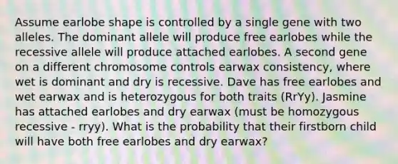 Assume earlobe shape is controlled by a single gene with two alleles. The dominant allele will produce free earlobes while the recessive allele will produce attached earlobes. A second gene on a different chromosome controls earwax consistency, where wet is dominant and dry is recessive. Dave has free earlobes and wet earwax and is heterozygous for both traits (RrYy). Jasmine has attached earlobes and dry earwax (must be homozygous recessive - rryy). What is the probability that their firstborn child will have both free earlobes and dry earwax?