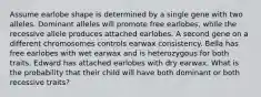 Assume earlobe shape is determined by a single gene with two alleles. Dominant alleles will promote free earlobes, while the recessive allele produces attached earlobes. A second gene on a different chromosomes controls earwax consistency. Bella has free earlobes with wet earwax and is heterozygous for both traits. Edward has attached earlobes with dry earwax. What is the probability that their child will have both dominant or both recessive traits?