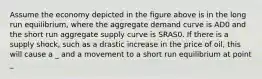 Assume the economy depicted in the figure above is in the long run equilibrium, where the aggregate demand curve is AD0 and the short run aggregate supply curve is SRAS0. If there is a supply shock, such as a drastic increase in the price of oil, this will cause a _ and a movement to a short run equilibrium at point _