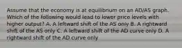 Assume that the economy is at equilibrium on an AD/AS graph. Which of the following would lead to lower price levels with higher output? A. A leftward shift of the AS only B. A rightward shift of the AS only C. A leftward shift of the AD curve only D. A rightward shift of the AD curve only