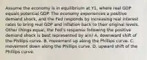 Assume the economy is in equilibrium at Y1​, where real GDP equals potential GDP. The economy experiences a positive demand​ shock, and the Fed responds by increasing real interest rates to bring real GDP and inflation back to their original levels. Other things​ equal, the​ Fed's response following the positive demand shock is best represented by​ a(n) A. downward shift of the Phillips curve. B. movement up along the Phillips curve. C. movement down along the Phillips curve. D. upward shift of the Phillips curve.