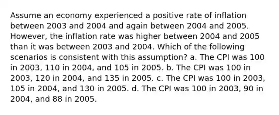 Assume an economy experienced a positive rate of inflation between 2003 and 2004 and again between 2004 and 2005. However, the inflation rate was higher between 2004 and 2005 than it was between 2003 and 2004. Which of the following scenarios is consistent with this assumption? a. The CPI was 100 in 2003, 110 in 2004, and 105 in 2005. b. The CPI was 100 in 2003, 120 in 2004, and 135 in 2005. c. The CPI was 100 in 2003, 105 in 2004, and 130 in 2005. d. The CPI was 100 in 2003, 90 in 2004, and 88 in 2005.