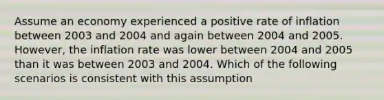 Assume an economy experienced a positive rate of inflation between 2003 and 2004 and again between 2004 and 2005. However, the inflation rate was lower between 2004 and 2005 than it was between 2003 and 2004. Which of the following scenarios is consistent with this assumption