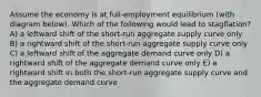 Assume the economy is at full-employment equilibrium (with diagram below). Which of the following would lead to stagflation? A) a leftward shift of the short-run aggregate supply curve only B) a rightward shift of the short-run aggregate supply curve only C) a leftward shift of the aggregate demand curve only D) a rightward shift of the aggregate demand curve only E) a rightward shift in both the short-run aggregate supply curve and the aggregate demand curve