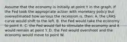 Assume that the economy is initially at point Y in the graph. If the Fed took the appropriate action with monetary policy but overestimated how serious the recession is, then: A. the LRAS curve would shift to the left. B. the Fed would take the economy to point X. C. the Fed would fail to stimulate the economy and it would remain at point Y. D. the Fed would overshoot and the economy would move to point W.