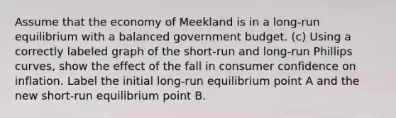 Assume that the economy of Meekland is in a long-run equilibrium with a balanced government budget. (c) Using a correctly labeled graph of the short-run and long-run Phillips curves, show the effect of the fall in consumer confidence on inflation. Label the initial long-run equilibrium point A and the new short-run equilibrium point B.