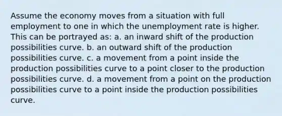 Assume the economy moves from a situation with full employment to one in which the unemployment rate is higher. This can be portrayed as: a. an inward shift of the production possibilities curve. b. an outward shift of the production possibilities curve. c. a movement from a point inside the production possibilities curve to a point closer to the production possibilities curve. d. a movement from a point on the production possibilities curve to a point inside the production possibilities curve.