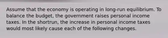 Assume that the economy is operating in long-run equilibrium. To balance the budget, the government raises personal income taxes. In the shortrun, the increase in personal income taxes would most likely cause each of the following changes.