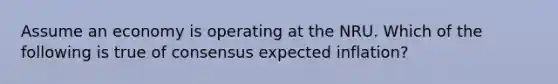 Assume an economy is operating at the NRU. Which of the following is true of consensus expected inflation?