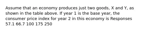 Assume that an economy produces just two goods, X and Y, as shown in the table above. If year 1 is the base year, the consumer price index for year 2 in this economy is Responses 57.1 66.7 100 175 250