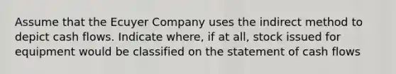 Assume that the Ecuyer Company uses the indirect method to depict cash flows. Indicate where, if at all, stock issued for equipment would be classified on the statement of cash flows