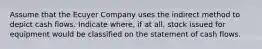 Assume that the Ecuyer Company uses the indirect method to depict cash flows. Indicate where, if at all, stock issued for equipment would be classified on the statement of cash flows.