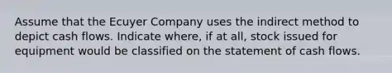 Assume that the Ecuyer Company uses the indirect method to depict cash flows. Indicate where, if at all, stock issued for equipment would be classified on the statement of cash flows.