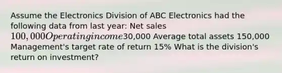 Assume the Electronics Division of ABC Electronics had the following data from last year: Net sales 100,000 Operating income30,000 Average total assets 150,000 Management's target rate of return 15% What is the division's return on investment?