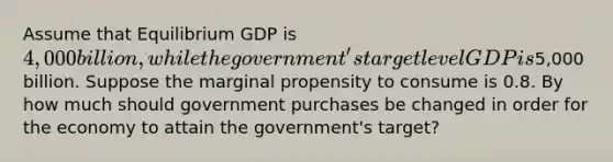 Assume that Equilibrium GDP is 4,000 billion, while the government's target level GDP is5,000 billion. Suppose the marginal propensity to consume is 0.8. By how much should government purchases be changed in order for the economy to attain the government's target?