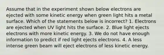 Assume that in the experiment shown below electrons are ejected with some kinetic energy when green light hits a metal surface. Which of the statements below is incorrect? 1. Electrons are ejected when UV light hits the surface. 2. Blue light ejects electrons with more kinetic energy. 3. We do not have enough information to predict if red light ejects electrons. 4. A less intense green beam will eject electrons of less kinetic energy.