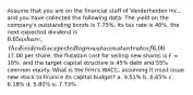 Assume that you are on the financial staff of Vanderheiden Inc., and you have collected the following data: The yield on the company's outstanding bonds is 7.75%, its tax rate is 40%, the next expected dividend is 0.65 a share, the dividend is expected to grow at a constant rate of 6.00% a year, the price of the stock is17.00 per share, the flotation cost for selling new shares is F = 10%, and the target capital structure is 45% debt and 55% common equity. What is the firm's WACC, assuming it must issue new stock to finance its capital budget? a. 9.51% b. 6.65% c. 6.18% d. 5.80% e. 7.73%