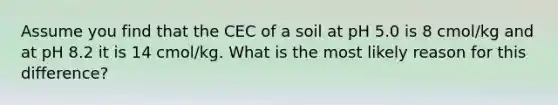 Assume you find that the CEC of a soil at pH 5.0 is 8 cmol/kg and at pH 8.2 it is 14 cmol/kg. What is the most likely reason for this difference?