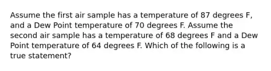 Assume the first air sample has a temperature of 87 degrees F, and a Dew Point temperature of 70 degrees F. Assume the second air sample has a temperature of 68 degrees F and a Dew Point temperature of 64 degrees F. Which of the following is a true statement?