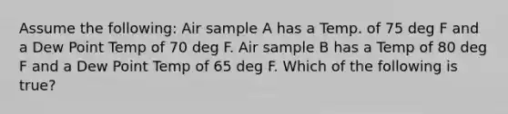 Assume the following: Air sample A has a Temp. of 75 deg F and a Dew Point Temp of 70 deg F. Air sample B has a Temp of 80 deg F and a Dew Point Temp of 65 deg F. Which of the following is true?