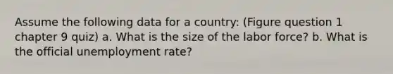 Assume the following data for a country: (Figure question 1 chapter 9 quiz) a. What is the size of the labor force? b. What is the official <a href='https://www.questionai.com/knowledge/kh7PJ5HsOk-unemployment-rate' class='anchor-knowledge'>unemployment rate</a>?