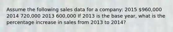 Assume the following sales data for a company: 2015 960,000 2014 720,000 2013 600,000 If 2013 is the base year, what is the <a href='https://www.questionai.com/knowledge/kGhkVyPhRK-percentage-increase' class='anchor-knowledge'>percentage increase</a> in sales from 2013 to 2014?