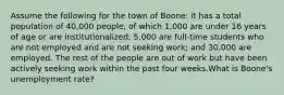 Assume the following for the town of Boone: it has a total population of 40,000 people, of which 1,000 are under 16 years of age or are institutionalized; 5,000 are full-time students who are not employed and are not seeking work; and 30,000 are employed. The rest of the people are out of work but have been actively seeking work within the past four weeks.What is Boone's unemployment rate?