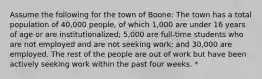 Assume the following for the town of Boone: The town has a total population of 40,000 people, of which 1,000 are under 16 years of age or are institutionalized; 5,000 are full-time students who are not employed and are not seeking work; and 30,000 are employed. The rest of the people are out of work but have been actively seeking work within the past four weeks. *