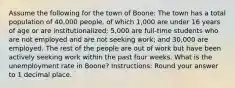 Assume the following for the town of Boone: The town has a total population of 40,000 people, of which 1,000 are under 16 years of age or are institutionalized; 5,000 are full-time students who are not employed and are not seeking work; and 30,000 are employed. The rest of the people are out of work but have been actively seeking work within the past four weeks. What is the unemployment rate in Boone? Instructions: Round your answer to 1 decimal place.