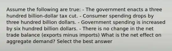 Assume the following are true: - The government enacts a three hundred billion-dollar tax cut. - Consumer spending drops by three hundred billion dollars. - Government spending is increased by six hundred billion dollars. - There is no change in the net trade balance (exports minus imports) What is the net effect on aggregate demand? Select the best answer