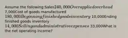 Assume the following:Sales240,000Overapplied overhead 7,000Cost of goods manufactured180,000Beginning finished goods inventory 10,000Ending finished goods inventory14,000Selling and administrative expenses 33,000What is the net operating income?