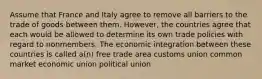 Assume that France and Italy agree to remove all barriers to the trade of goods between them. However, the countries agree that each would be allowed to determine its own trade policies with regard to nonmembers. The economic integration between these countries is called a(n) free trade area customs union common market economic union political union