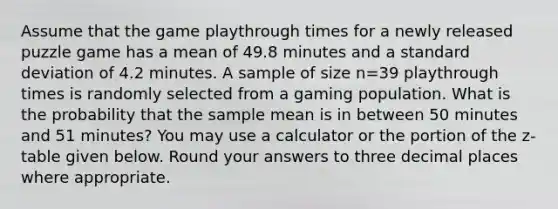 Assume that the game playthrough times for a newly released puzzle game has a mean of 49.8 minutes and a standard deviation of 4.2 minutes. A sample of size n=39 playthrough times is randomly selected from a gaming population. What is the probability that the sample mean is in between 50 minutes and 51 minutes? You may use a calculator or the portion of the z-table given below. Round your answers to three decimal places where appropriate.