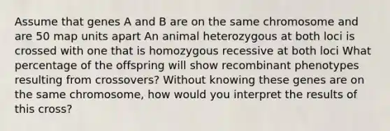 Assume that genes A and B are on the same chromosome and are 50 map units apart An animal heterozygous at both loci is crossed with one that is homozygous recessive at both loci What percentage of the offspring will show recombinant phenotypes resulting from crossovers? Without knowing these genes are on the same chromosome, how would you interpret the results of this cross?