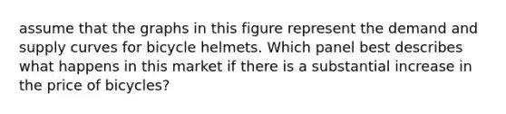 assume that the graphs in this figure represent the demand and supply curves for bicycle helmets. Which panel best describes what happens in this market if there is a substantial increase in the price of bicycles?