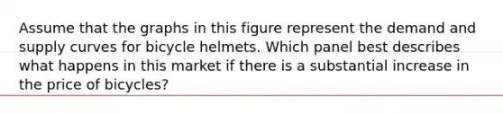 Assume that the graphs in this figure represent the demand and supply curves for bicycle helmets. Which panel best describes what happens in this market if there is a substantial increase in the price of bicycles?