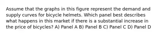 Assume that the graphs in this figure represent the demand and supply curves for bicycle helmets. Which panel best describes what happens in this market if there is a substantial increase in the price of bicycles? A) Panel A B) Panel B C) Panel C D) Panel D