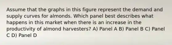 Assume that the graphs in this figure represent the demand and supply curves for almonds. Which panel best describes what happens in this market when there is an increase in the productivity of almond harvesters? A) Panel A B) Panel B C) Panel C D) Panel D