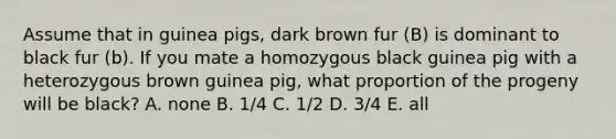 Assume that in guinea pigs, dark brown fur (B) is dominant to black fur (b). If you mate a homozygous black guinea pig with a heterozygous brown guinea pig, what proportion of the progeny will be black? A. none B. 1/4 C. 1/2 D. 3/4 E. all