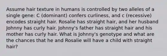 Assume hair texture in humans is controlled by two alleles of a single gene: C (dominant) confers curliness, and c (recessive) encodes straight hair. Rosalie has straight hair, and her husband Johnny has curly hair. Johnny's father has straight hair and his mother has curly hair. What is Johnny's genotype and what are the chances that he and Rosalie will have a child with straight hair?