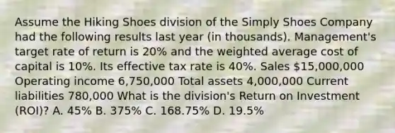 Assume the Hiking Shoes division of the Simply Shoes Company had the following results last year​ (in thousands).​ Management's target rate of return is 20​% and the <a href='https://www.questionai.com/knowledge/koL1NUNNcJ-weighted-average' class='anchor-knowledge'>weighted average</a> cost of capital is 10​%. Its effective tax rate is 40​%. Sales 15,000,000 Operating income 6,750,000 Total assets 4,000,000 Current liabilities 780,000 What is the​ division's Return on Investment​ (ROI)? A. 45​% B. 375​% C. 168.75​% D. 19.5​%