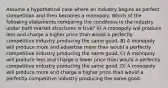 Assume a hypothetical case where an industry begins as perfect competition and then becomes a monopoly. Which of the following statements comparing the conditions in the industry under both market structures is true? A) A monopoly will produce less and charge a higher price than would a perfectly competitive industry producing the same good. B) A monopoly will produce more and advertise more than would a perfectly competitive industry producing the same good. C) A monopoly will produce less and charge a lower price than would a perfectly competitive industry producing the same good. D) A monopoly will produce more and charge a higher price than would a perfectly competitive industry producing the same good.