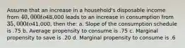 Assume that an increase in a household's disposable income from 40,000 to48,000 leads to an increase in consumption from 35,000 to41,000, then the: a. Slope of the consumption schedule is .75 b. Average propensity to consume is .75 c. Marginal propensity to save is .20 d. Marginal propensity to consume is .6