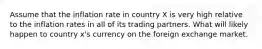 Assume that the inflation rate in country X is very high relative to the inflation rates in all of its trading partners. What will likely happen to country x's currency on the foreign exchange market.