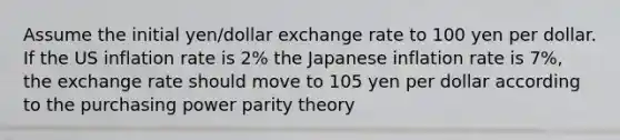 Assume the initial yen/dollar exchange rate to 100 yen per dollar. If the US inflation rate is 2% the Japanese inflation rate is 7%, the exchange rate should move to 105 yen per dollar according to the purchasing power parity theory