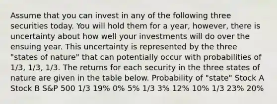 Assume that you can invest in any of the following three securities today. You will hold them for a year, however, there is uncertainty about how well your investments will do over the ensuing year. This uncertainty is represented by the three "states of nature" that can potentially occur with probabilities of 1/3, 1/3, 1/3. The returns for each security in the three states of nature are given in the table below. Probability of "state" Stock A Stock B S&P 500 1/3 19% 0% 5% 1/3 3% 12% 10% 1/3 23% 20%