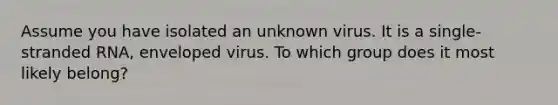 Assume you have isolated an unknown virus. It is a single-stranded RNA, enveloped virus. To which group does it most likely belong?