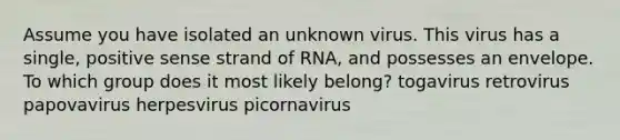 Assume you have isolated an unknown virus. This virus has a single, positive sense strand of RNA, and possesses an envelope. To which group does it most likely belong? togavirus retrovirus papovavirus herpesvirus picornavirus